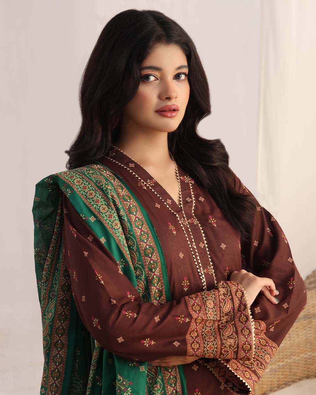 MJ Banarsi Signature Lawn 3PC – Gold Paste Print Summer Suit