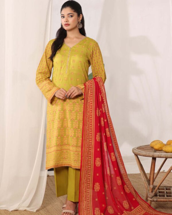 MJ Banarsi Signature Lawn 3PC – Gold Paste Print Summer Suit