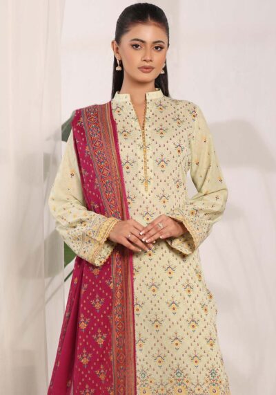 MJ Banarsi Signature Lawn 3PC – Gold Paste Print Summer Suit