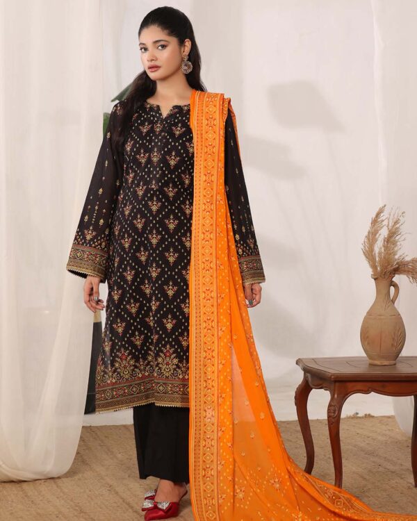 MJ Banarsi Signature Lawn 3PC – Gold Paste Print Summer Suit