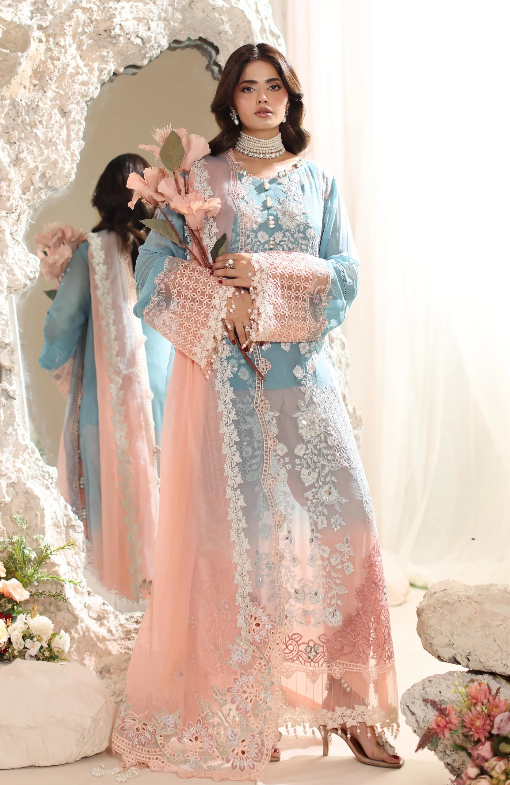 ELOR AZF-25-08 Chikankari Chiffon Sequin Embroidered 3 Piece Unstitched Formal Suit - Image 2