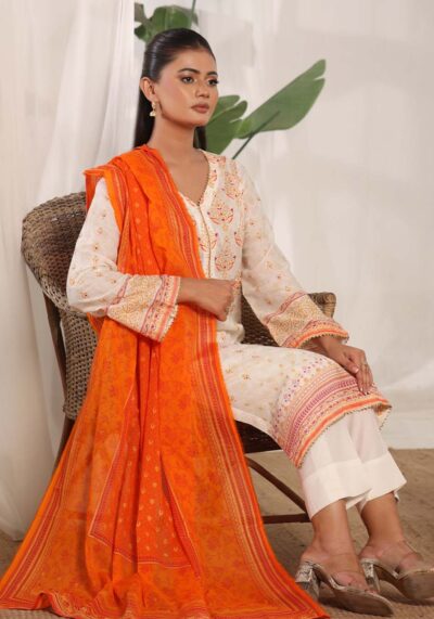 MJ Banarsi Signature Lawn 3PC – Gold Paste Print Summer Suit