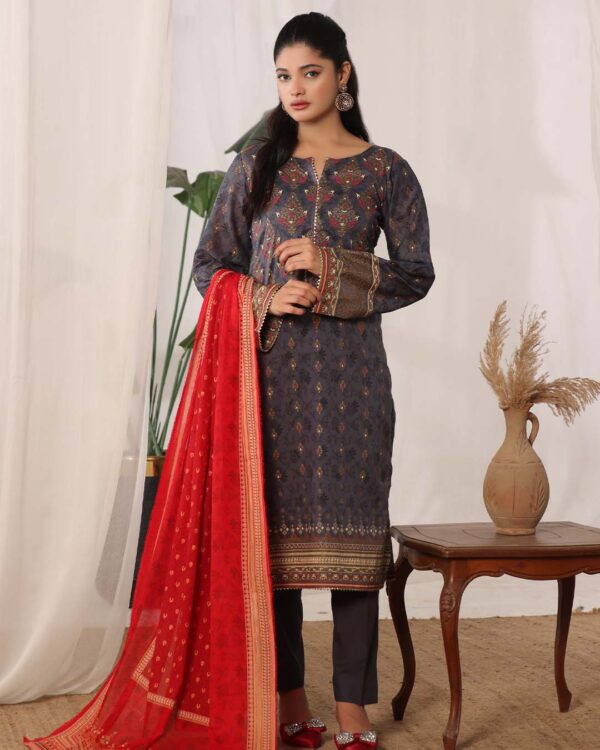 MJ Banarsi Signature Lawn 3PC – Gold Paste Print Summer Suit