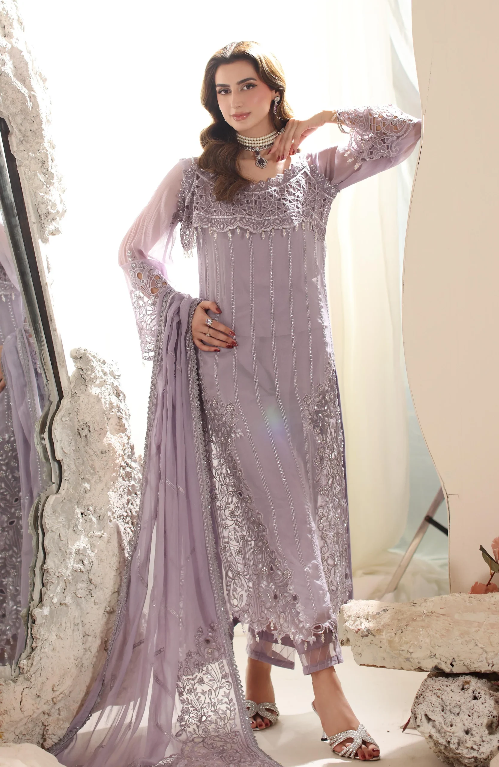 ELOR Chiffon Sequin Embroidered 3 Piece Unstitched Formal Suit - Image 3
