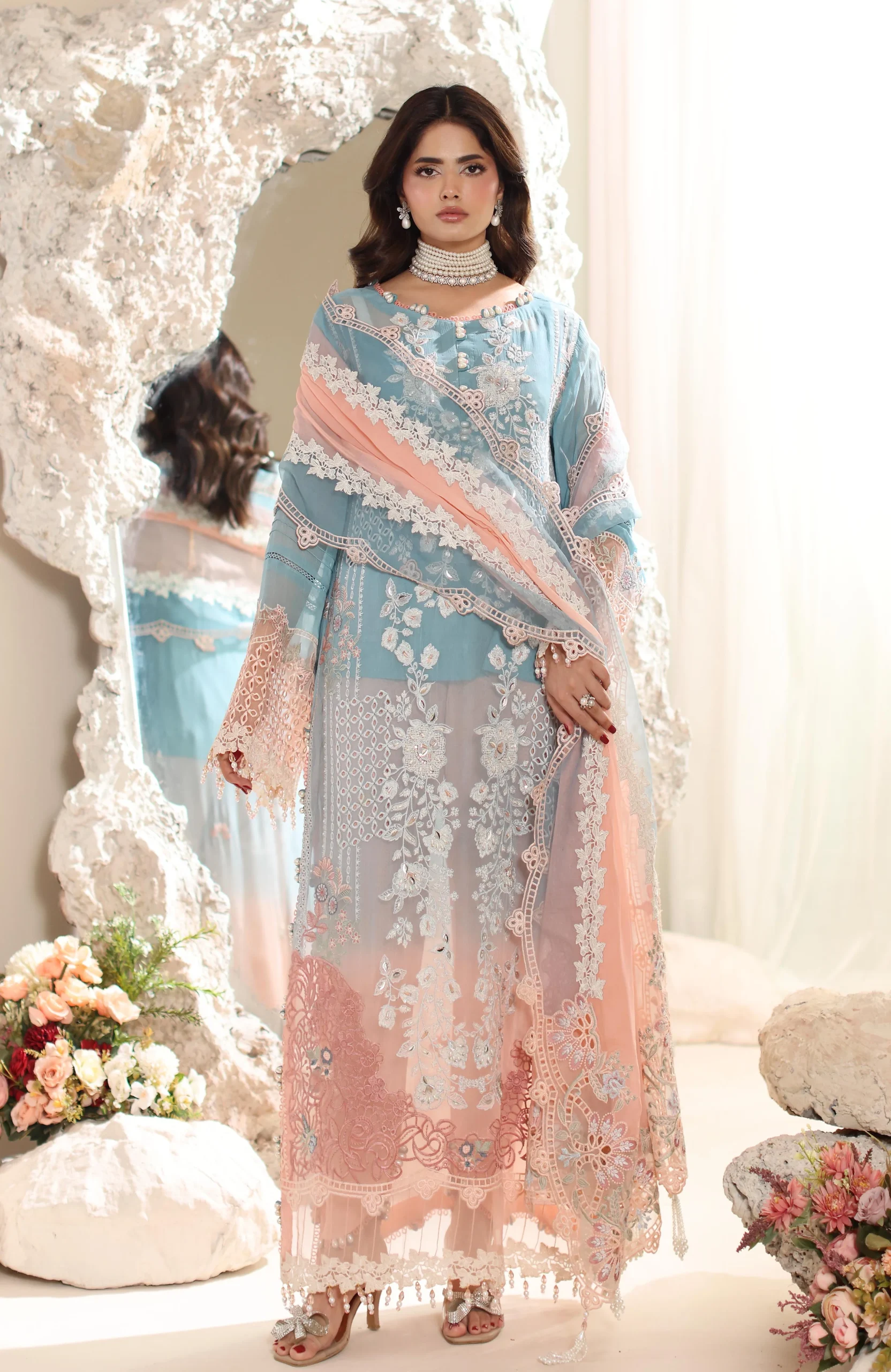 ELOR AZF-25-08 Chikankari Chiffon Sequin Embroidered 3 Piece Unstitched Formal Suit - Image 4