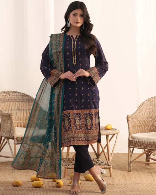 MJ Banarsi Signature Lawn 3PC – Gold Paste Print Summer Suit