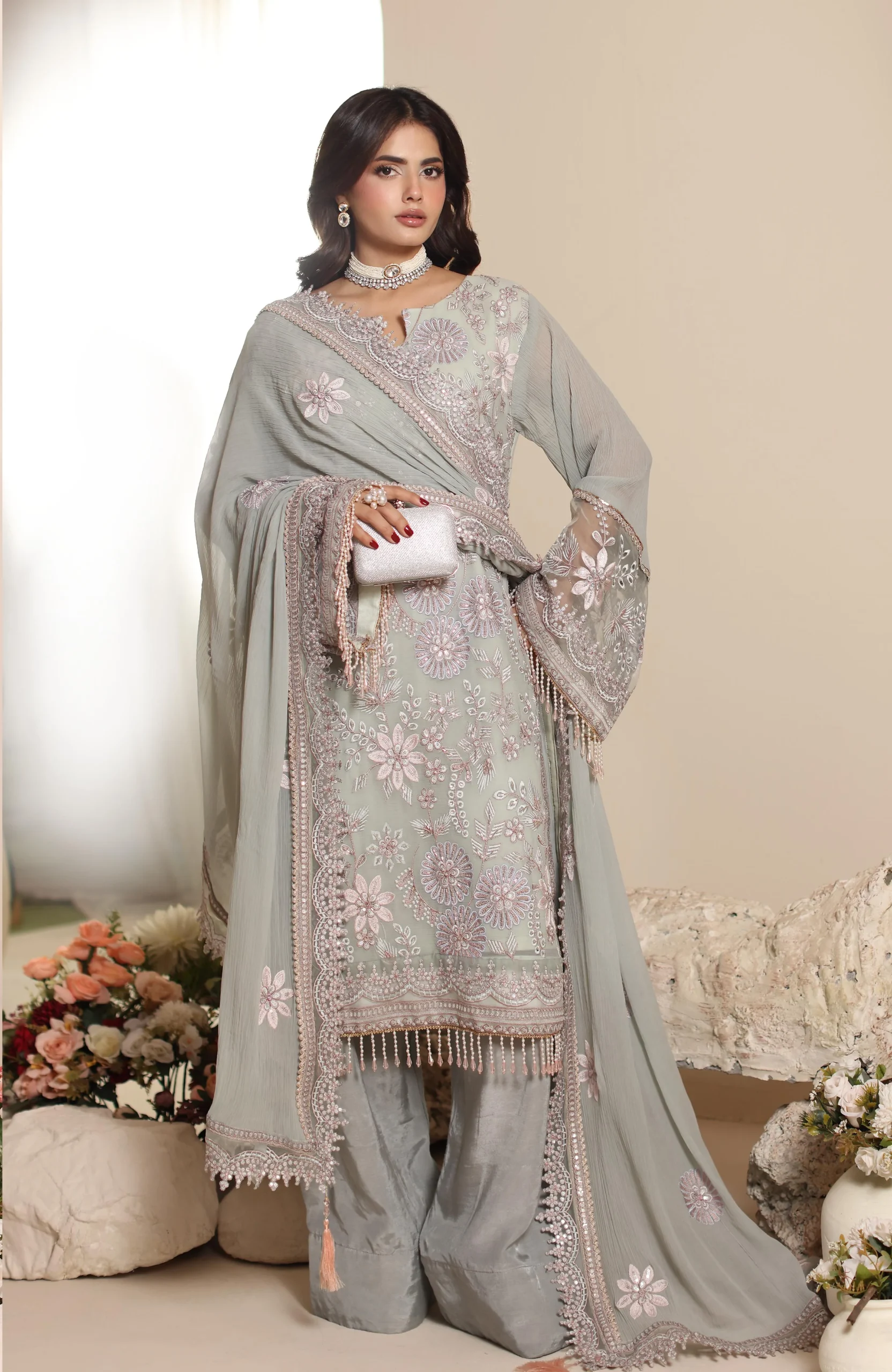 ELOR Chiffon Chikankari Embroidered 3 Piece Unstitched Formal Suit - Image 3