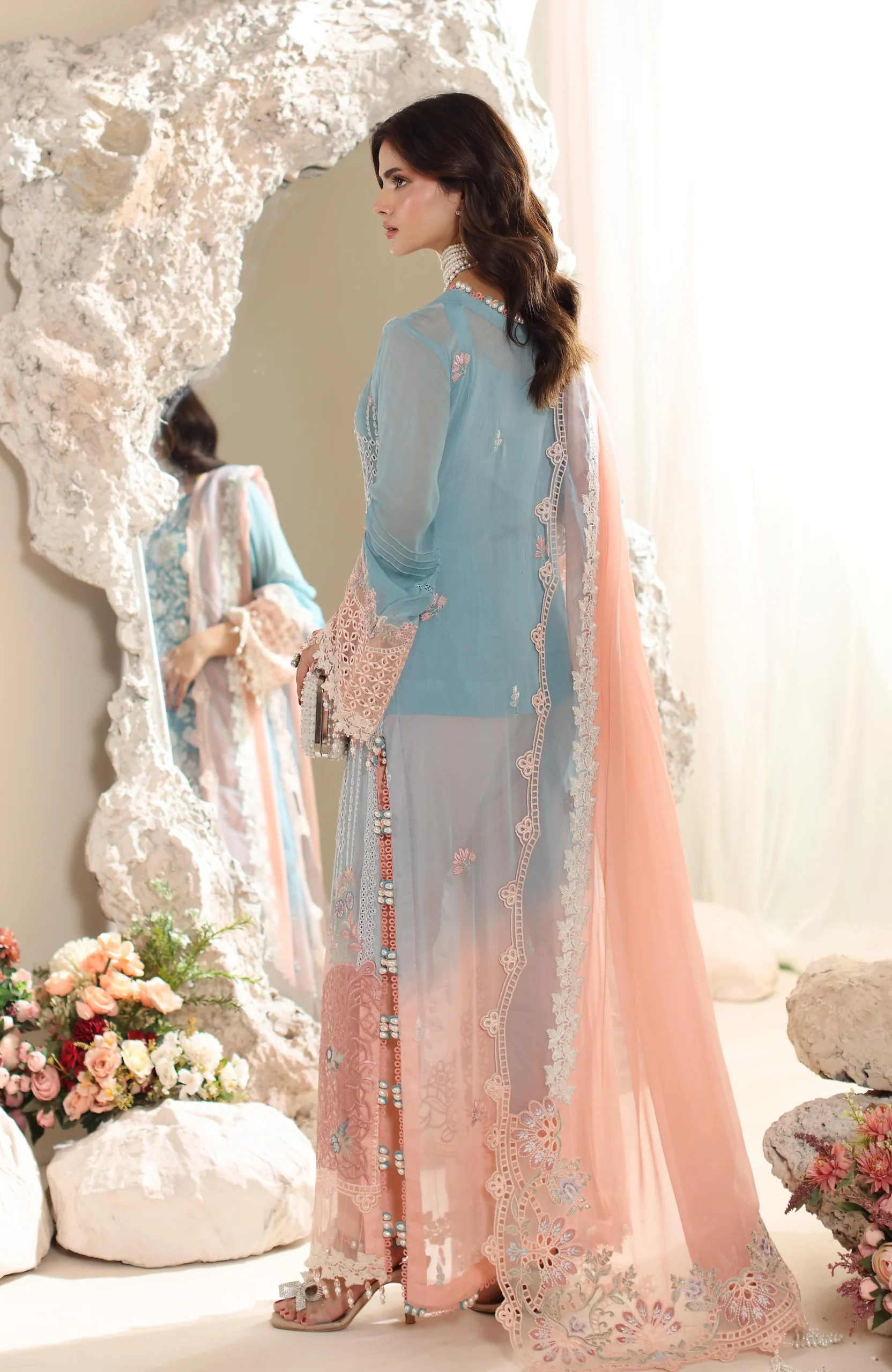 ELOR AZF-25-08 Chikankari Chiffon Sequin Embroidered 3 Piece Unstitched Formal Suit - Image 5