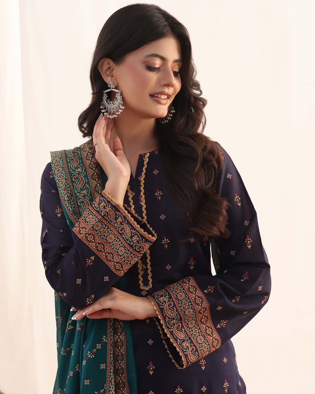 MJ Banarsi Signature Lawn 3PC – Gold Paste Print Summer Suit - Image 2