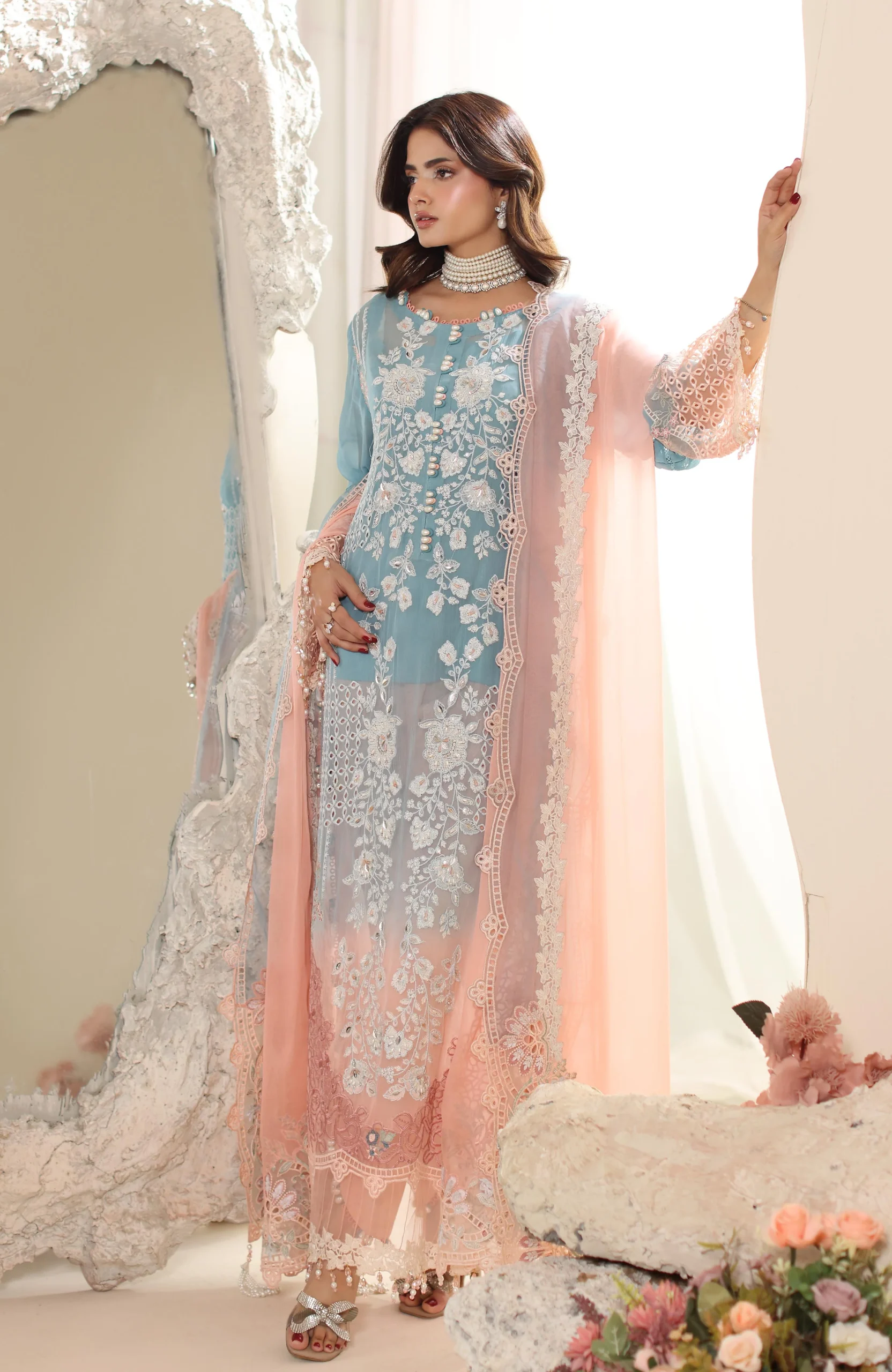 ELOR AZF-25-08 Chikankari Chiffon Sequin Embroidered 3 Piece Unstitched Formal Suit - Image 6