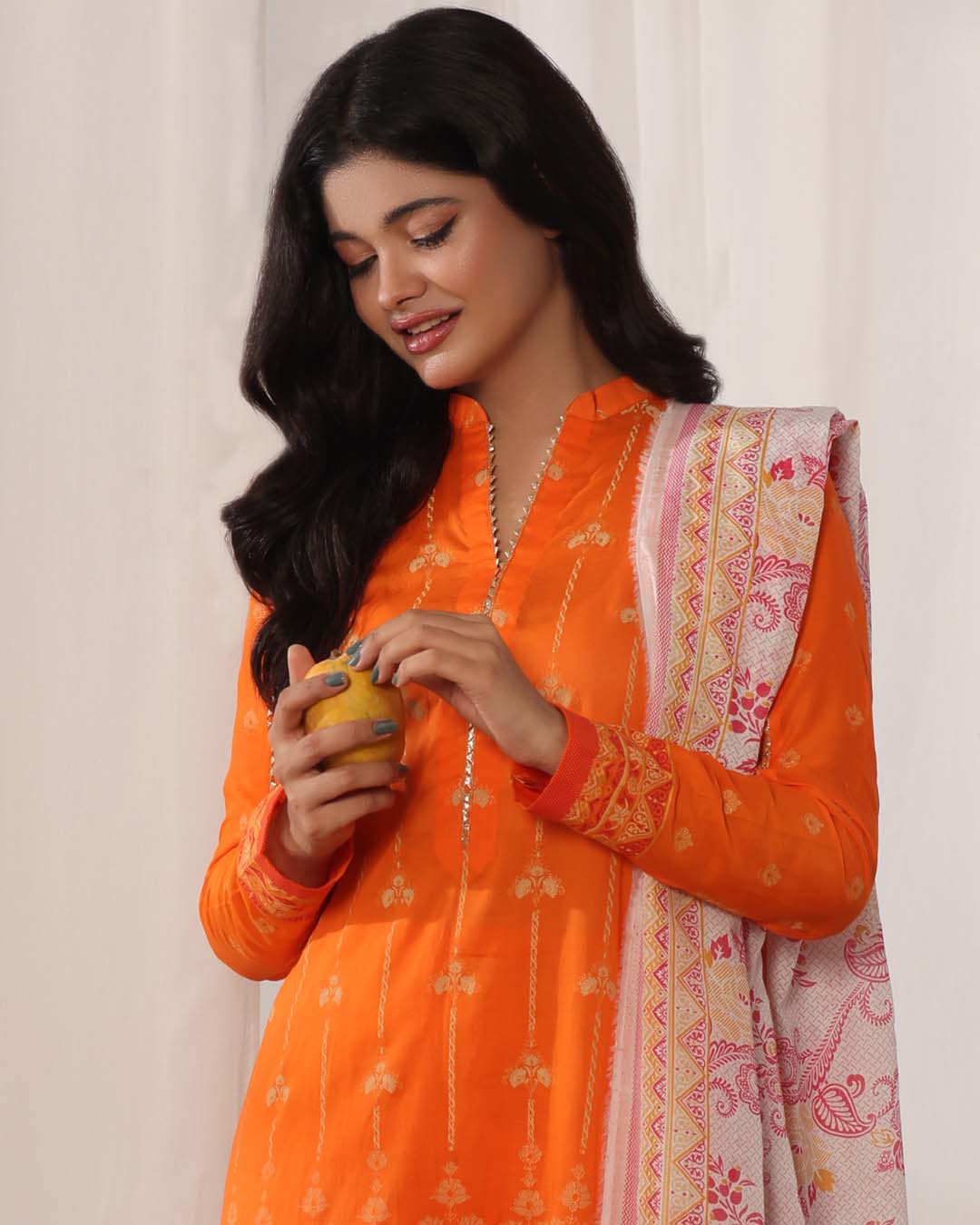 MJ Banarsi Signature Lawn 3PC – Gold Paste Print Summer Suit