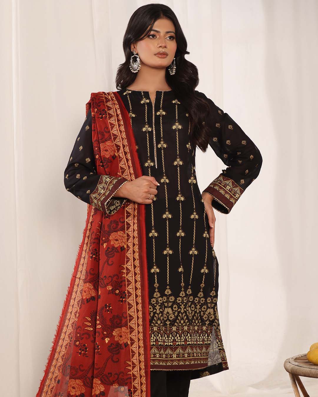 MJ Banarsi Signature Lawn 3PC – Gold Paste Print Summer Suit