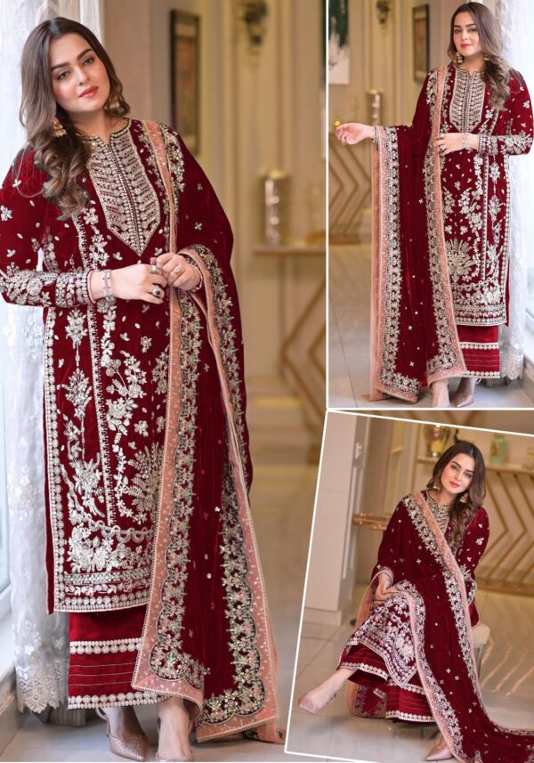 Aneela’s Luxury Chiffon Wedding Suit – Mehroon 3PC Embroidered Set