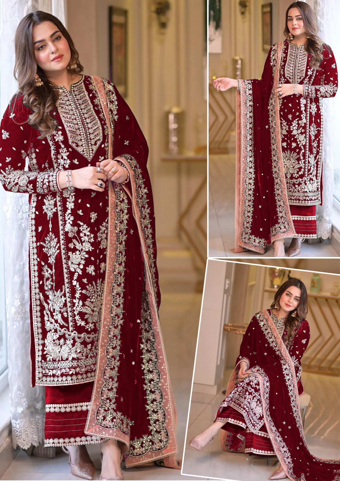 Aneela’s Luxury Chiffon Wedding Suit – Mehroon 3PC Embroidered Set