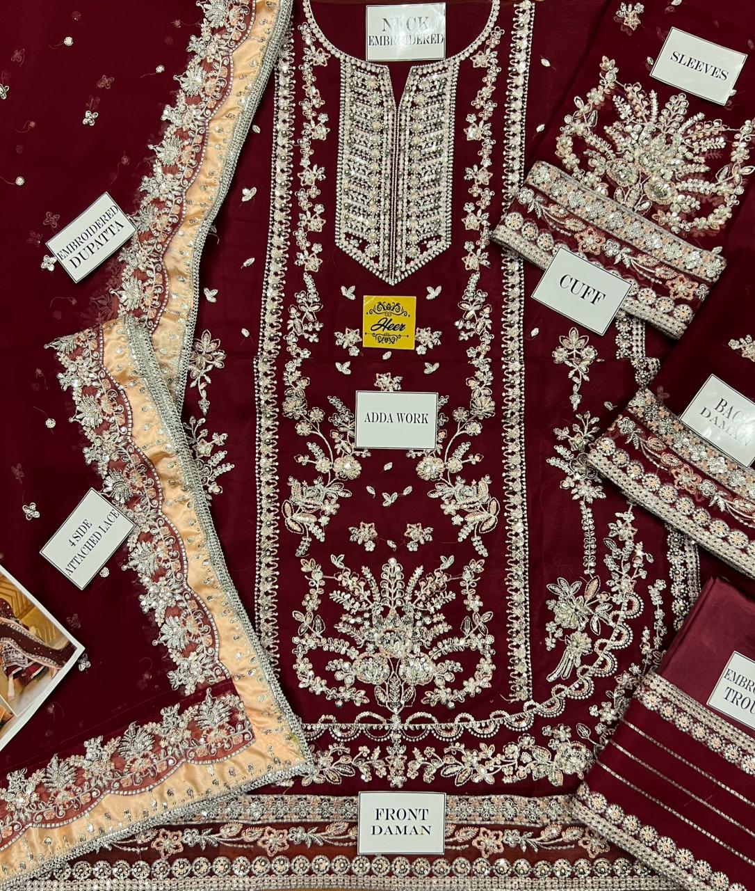 Aneela’s Luxury Chiffon Wedding Suit – Mehroon 3PC Embroidered Set - Image 3