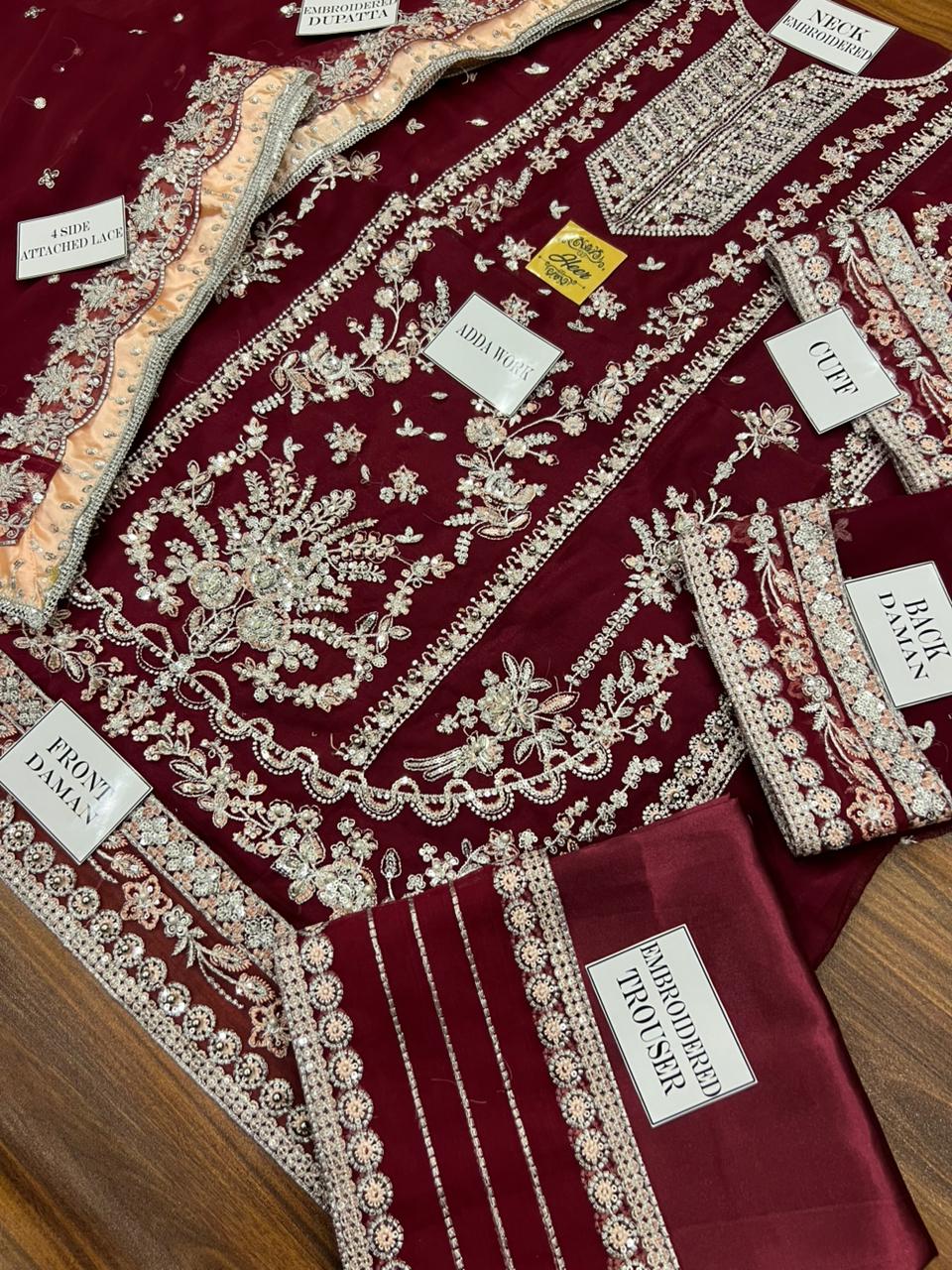 Aneela’s Luxury Chiffon Wedding Suit – Mehroon 3PC Embroidered Set - Image 4