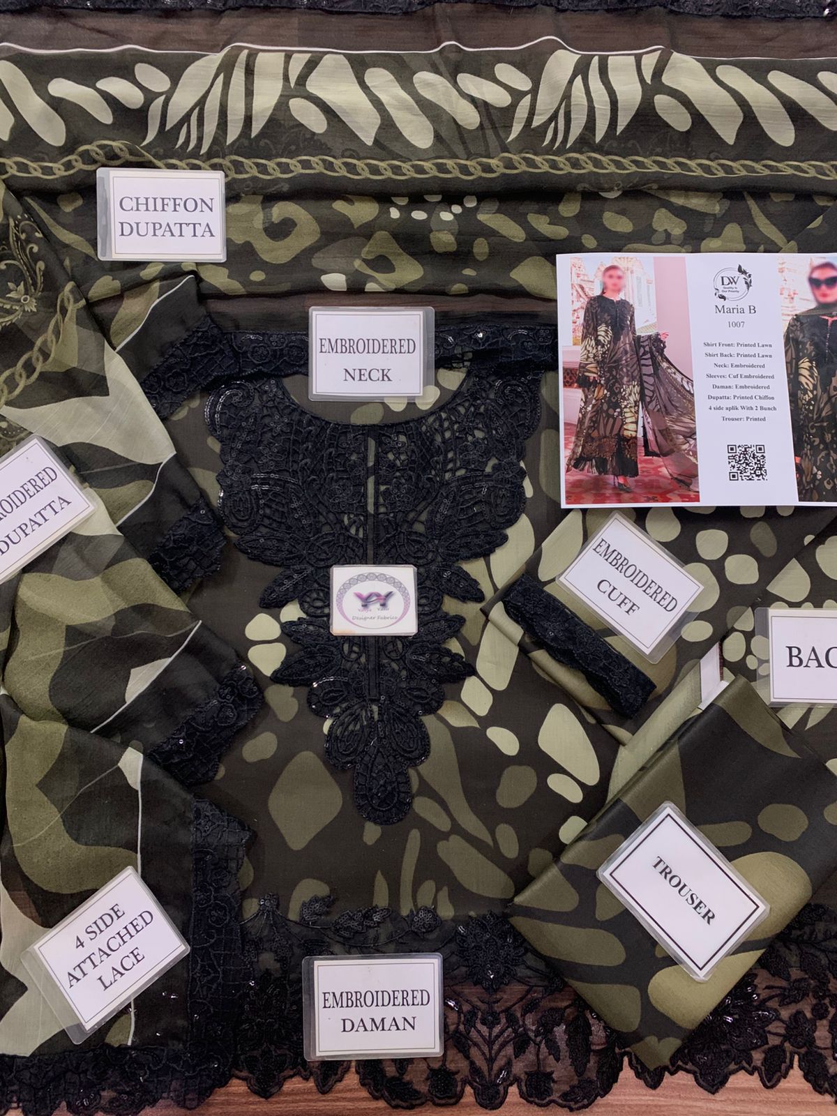 Maria B 2 Bunch Applique Lawn 3PC Unstitched Suit with Chiffon Dupatta - Image 5