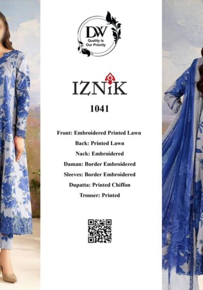 Iznik Digital Printed Luxury Lawn 2026 – 3PC Embroidered Suit with Chiffon Dupatta