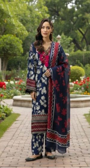 Limelight Lawn 3PC EC2426 Blue & Pink – Printed Suit with Chiffon Dupatta