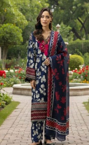 Limelight Lawn 3PC EC2426 Blue & Pink – Printed Suit with Chiffon Dupatta