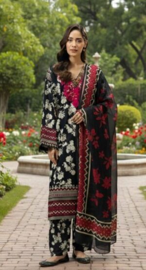 Limelight Lawn 3PC EC2426 Red & Black– Printed Suit with Chiffon Dupatta