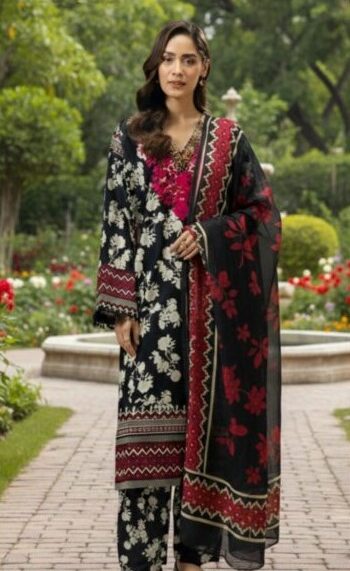Limelight Lawn 3PC EC2426 Red & Black– Printed Suit with Chiffon Dupatta