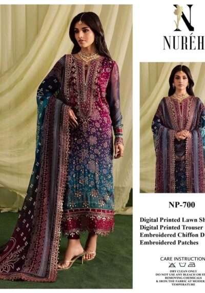 Nureh NP-700 Lawn 3PC – Printed Suit with Embroidered Daman & Chiffon Dupatta