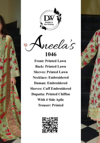 Aneelas Lawn 2026 3PC – Embroidered Suit with Chiffon Dupatta