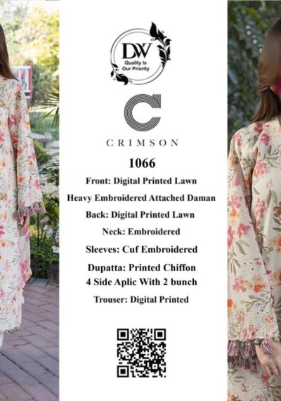 Crimson Hit Code 1066 Lawn 3PC – Embroidered Suit with Chiffon Dupatta