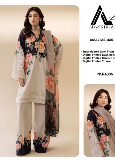Adan Libas D-1601 Lawn 3PC – Chikankari Print with Bamber Chiffon Dupatta