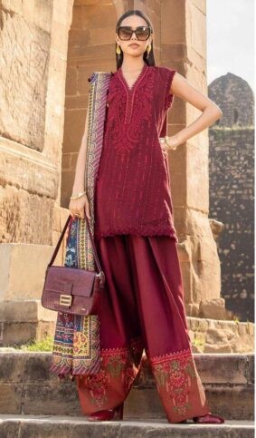 Maria B Lawn 3PC – Embroidered Panel Suit with Chiffon Dupatta (Sale)