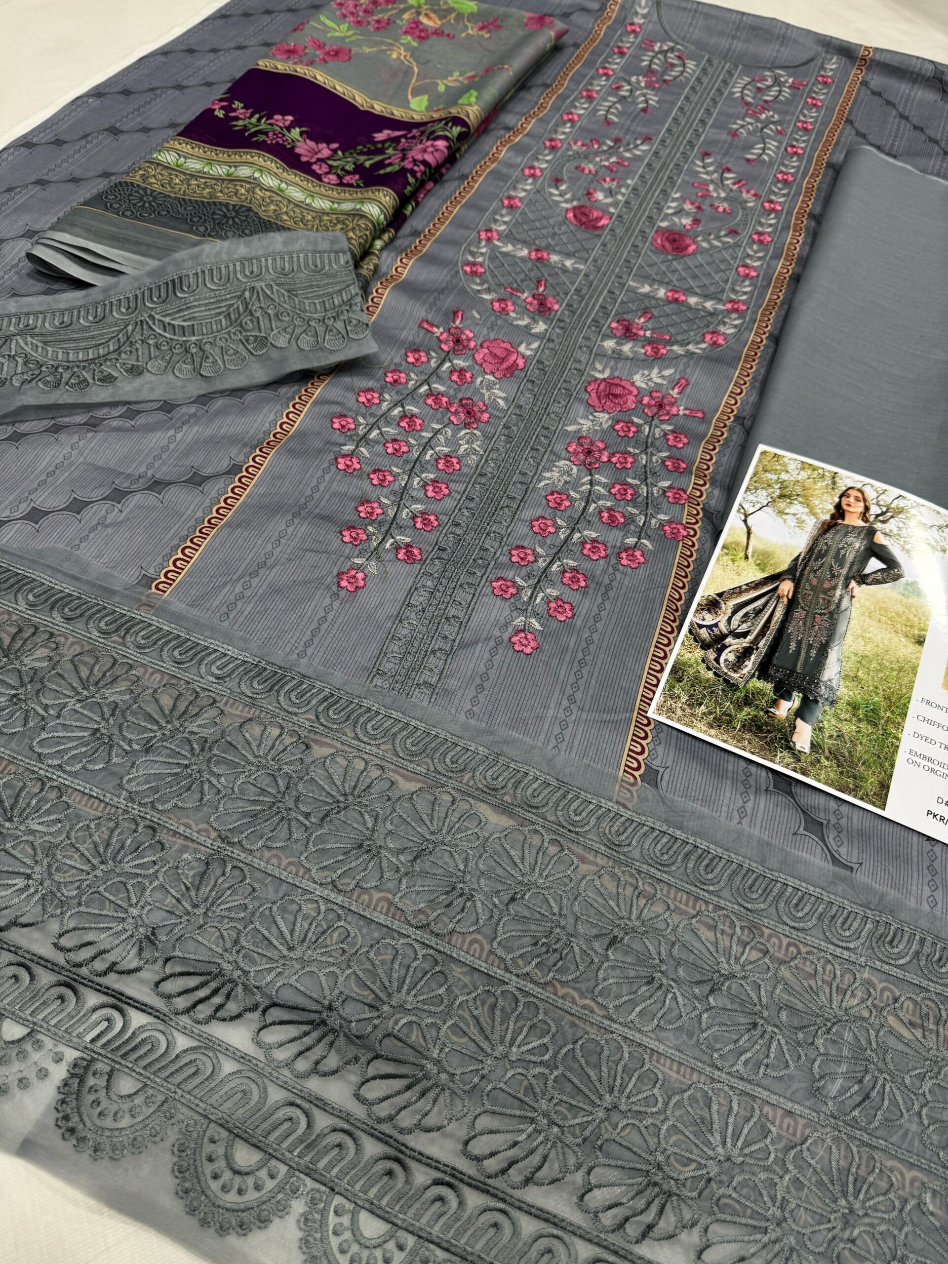 Maria B Lawn 3PC – Embroidered Panel Suit with Chiffon Dupatta (Sale) - Image 4