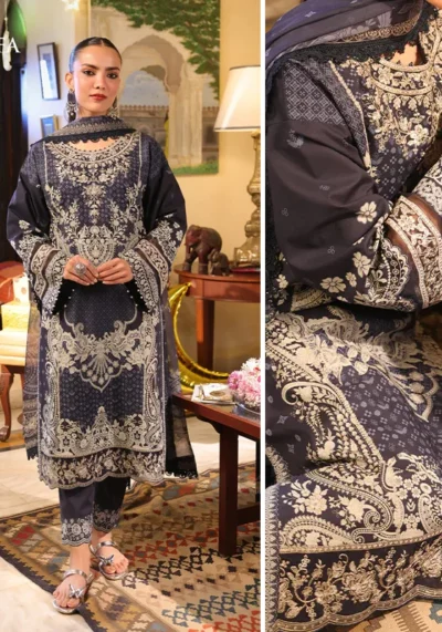 AJUBF 42 Asim Jofa Embroidered Lawn 3 Piece Suit  Navy Blue