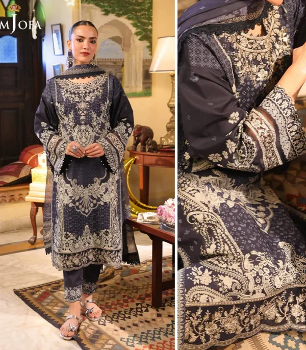 AJUBF 42 Asim Jofa Embroidered Lawn 3 Piece Suit  Navy Blue