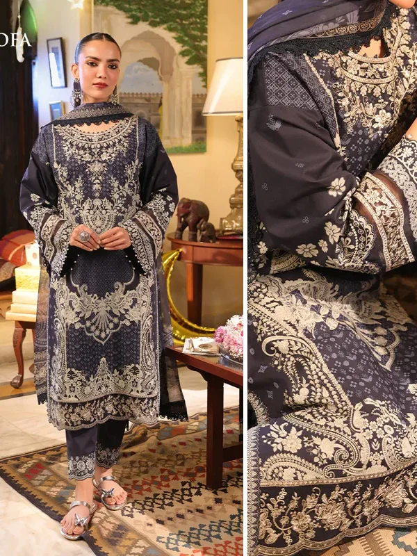 AJUBF 42 Asim Jofa Embroidered Lawn 3 Piece Suit  Navy Blue