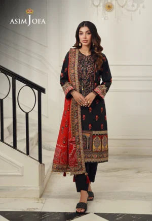 AJUN12 Asim Jofa Lawn Prints 3 Piece Suit  Black