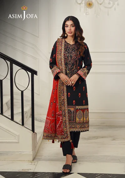AJUN12 Asim Jofa Lawn Prints 3 Piece Suit  Black