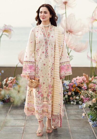 QALAMKAR Unstitched Replica Lawn Suit with Monar Dupatta  Chikan Kari Collection