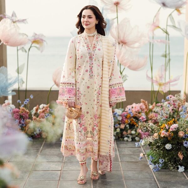 QALAMKAR Unstitched Replica Lawn Suit with Monar Dupatta  Chikan Kari Collection