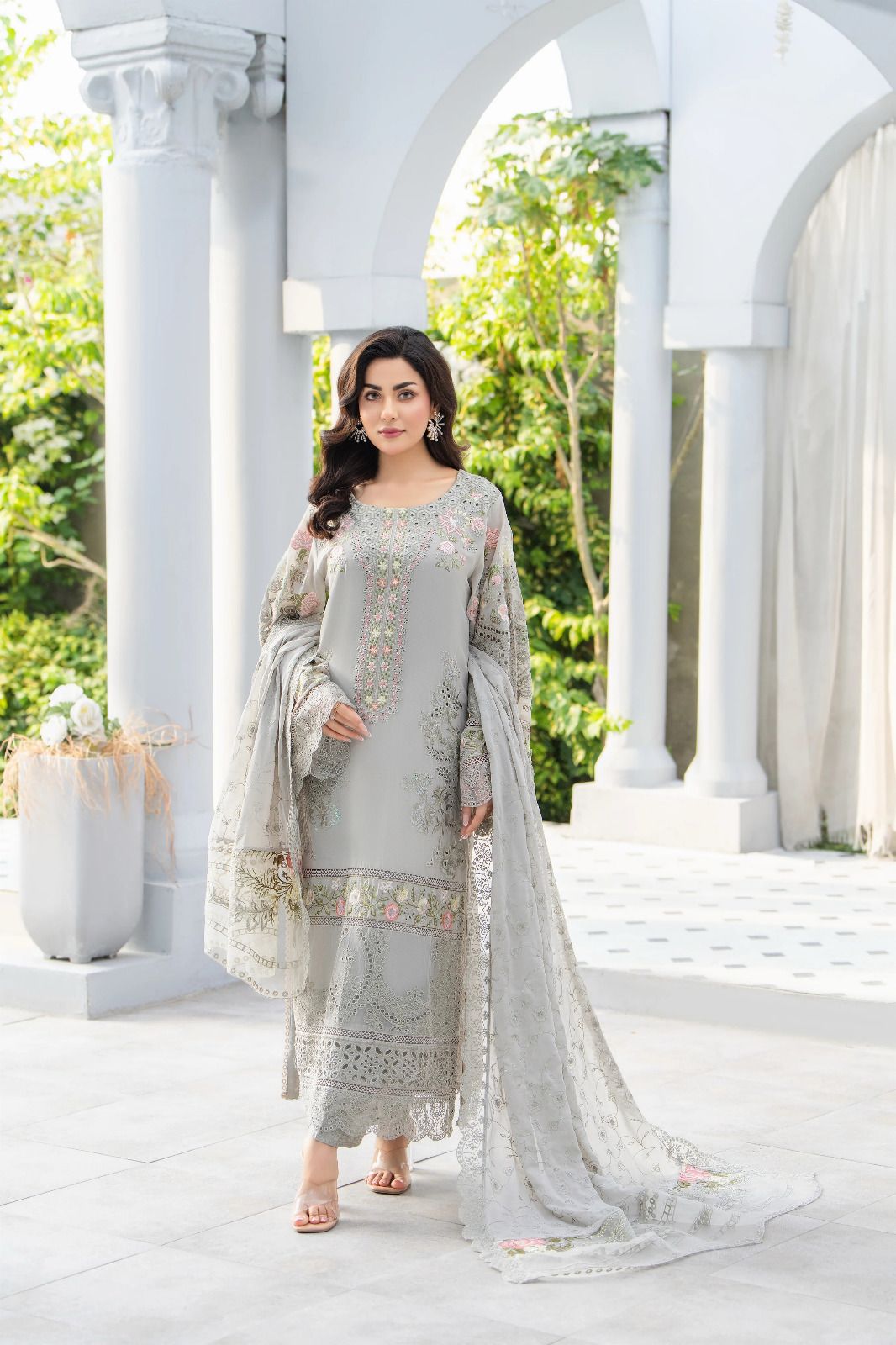 MUSLIM BOUTIQUE Unstitched Replica Lawn Cotton Suit with Khaddi Net Dupatta Chikan Kari Collection
