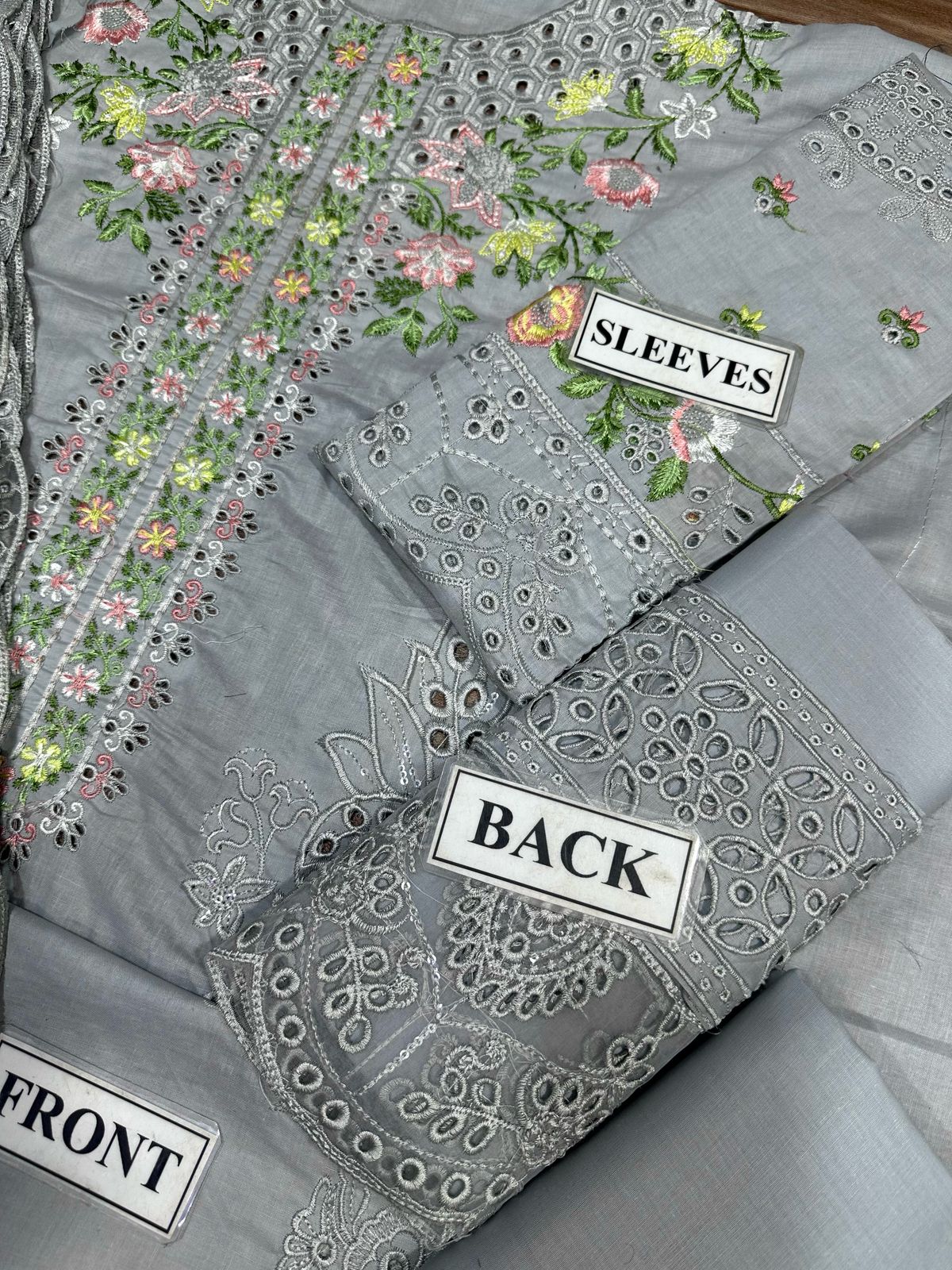 MUSLIM BOUTIQUE Unstitched Replica Lawn Cotton Suit with Khaddi Net Dupatta Chikan Kari Collection - Image 2