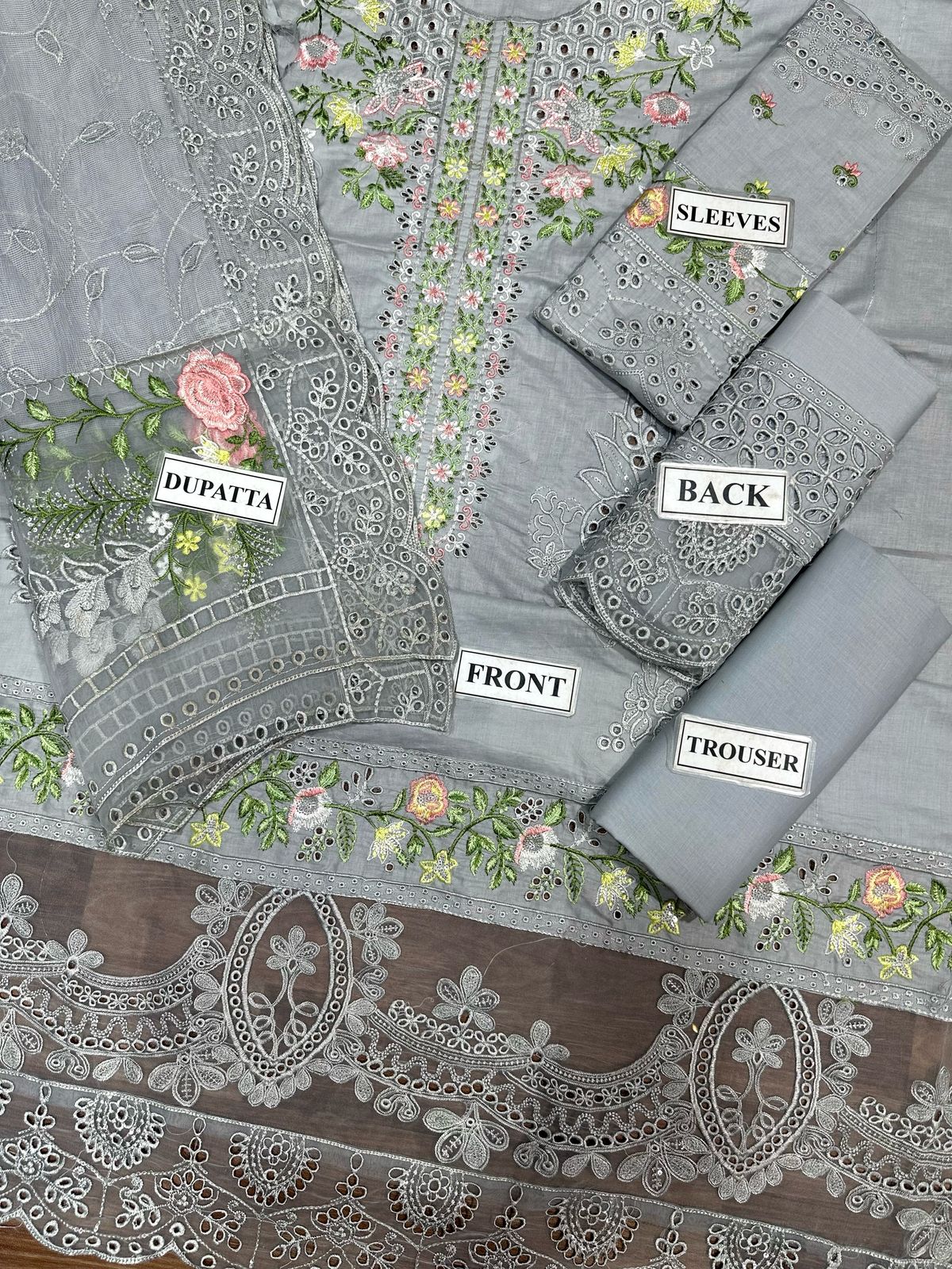 MUSLIM BOUTIQUE Unstitched Replica Lawn Cotton Suit with Khaddi Net Dupatta Chikan Kari Collection - Image 4