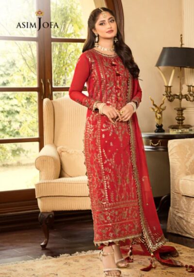 Asim Jofa Jhilmil AJJM-07 Red 3 Piece Chanderi Cotton Embroidered Suit with Chiffon Dupatta