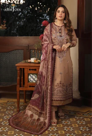 Zarq Barq Asim Jofa AJZB 20 Embroidered Cambric 3 Piece Suit  Chestnut Brown