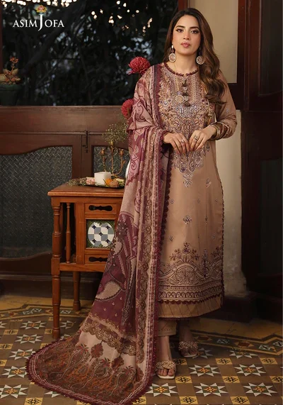 Zarq Barq Asim Jofa AJZB 20 Embroidered Cambric 3 Piece Suit  Chestnut Brown