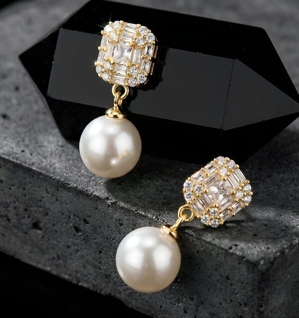 Zircon Earrings with Pearl  Timeless Elegance in Every Sparkle