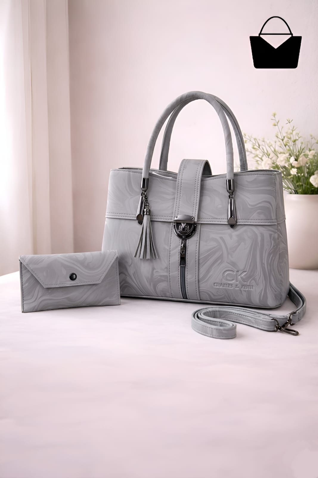 Luxury Marble Leather Handbag Set Modern Design with Matching Wallet