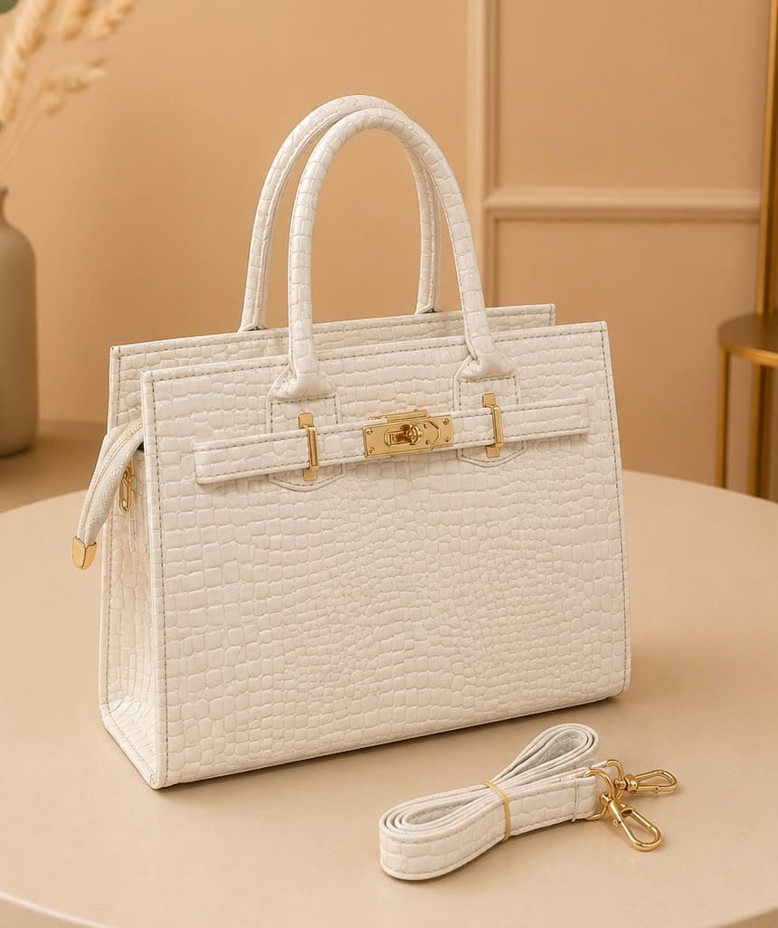 Elegant White Croco Texture Handbag