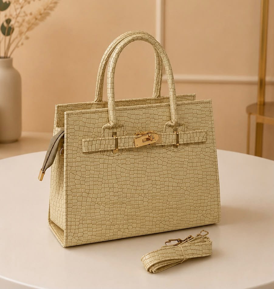 Elegant White Croco Texture Handbag - Image 5