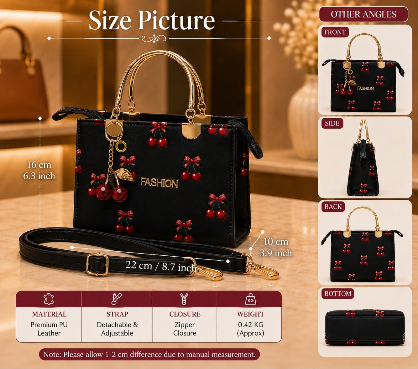 Premium Cherry Print Handbag - Image 4